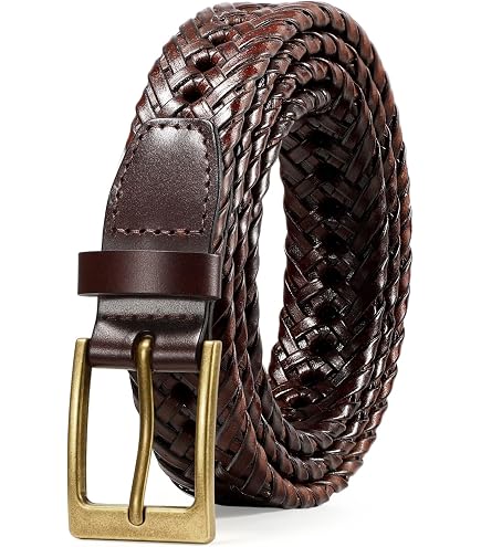 ECHAIN Men Braided Woven Genuine Leather Belt (Waist:28-30, Black